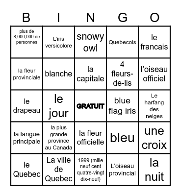 Le Quebec Bingo Card