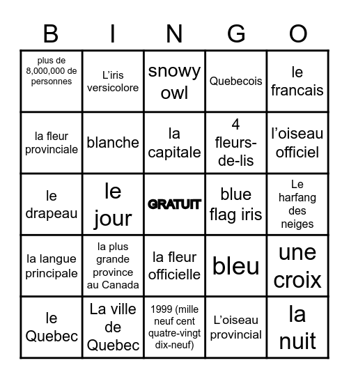 Le Quebec Bingo Card