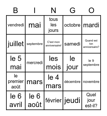 Le Calendrier Bingo Card