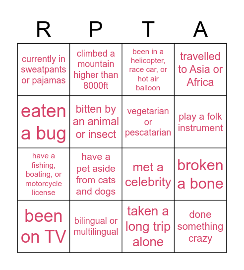 Personal Experience Bingo Card