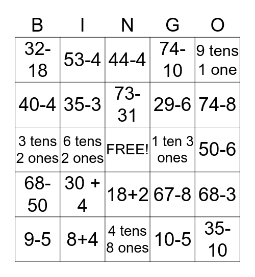 Adding, Subtracting, and Regrouping Bingo Card