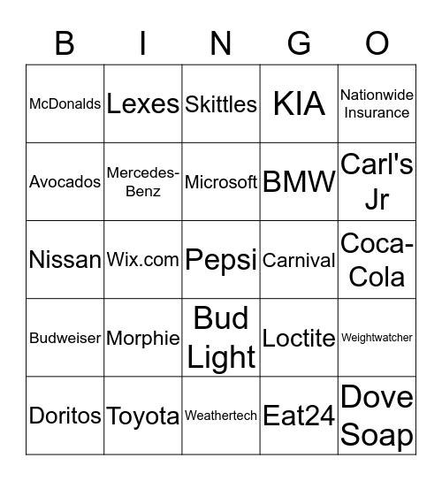 2015 Super Bowl Commercials Bingo Card
