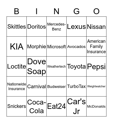 2015 Super Bowl Commercials Bingo Card