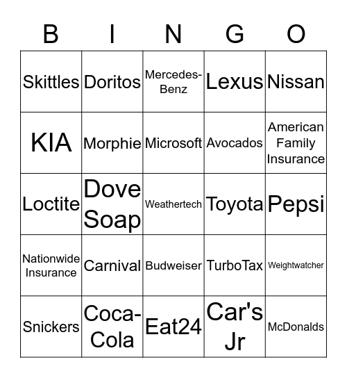 2015 Super Bowl Commercials Bingo Card