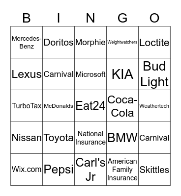 2015 Super Bowl Commercials Bingo Card