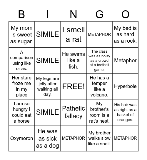Similes and Metaphors Bingo Card