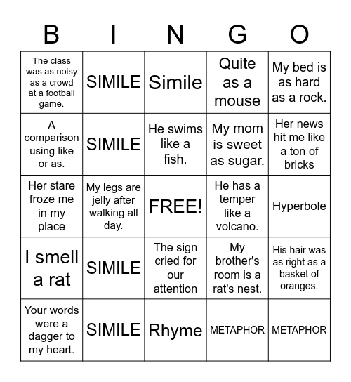 Similes and Metaphors Bingo Card