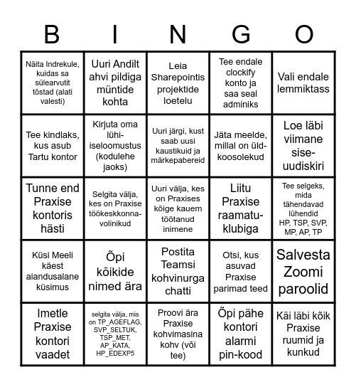 UUE PRAXISE JUHI BINGO Card