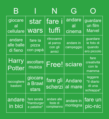 Le cose che preferisco fare Bingo Card
