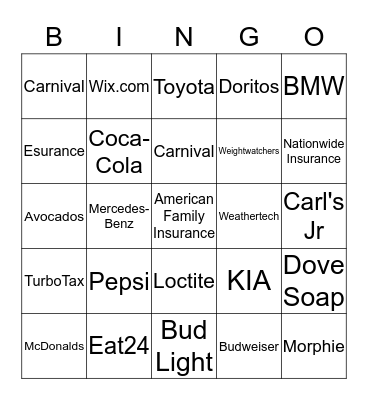 2015 Super Bowl Commercials Bingo Card