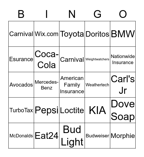 2015 Super Bowl Commercials Bingo Card