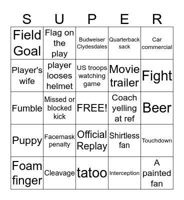 Superbowl Bingo Card