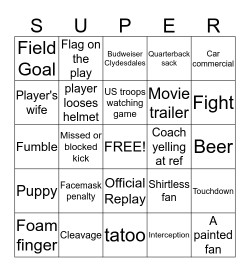 Superbowl Bingo Card