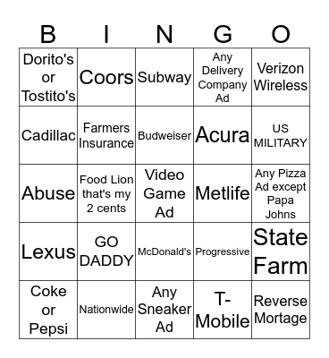 SUPERBOWL COMMERCIAL BINGO Card