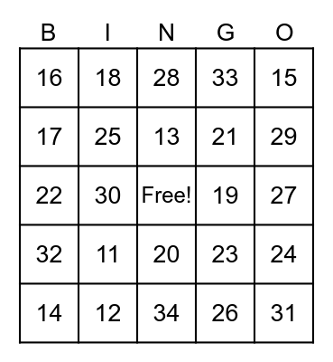 Numeros del 1 al 30 Bingo Card