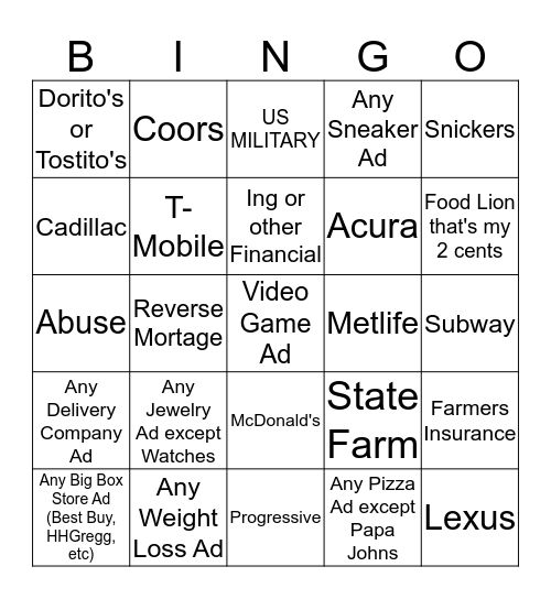 SUPERBOWL COMMERCIAL BINGO Card