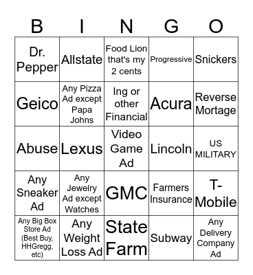 SUPERBOWL COMMERCIAL BINGO Card