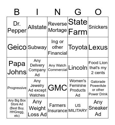 SUPERBOWL COMMERCIAL BINGO Card