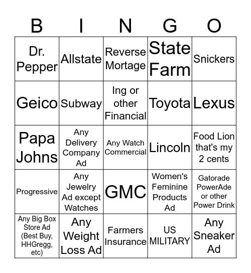 SUPERBOWL COMMERCIAL BINGO Card