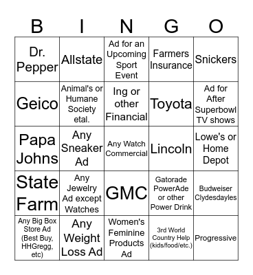 SUPERBOWL COMMERCIAL BINGO Card