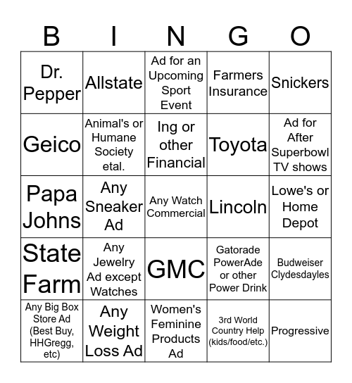 SUPERBOWL COMMERCIAL BINGO Card