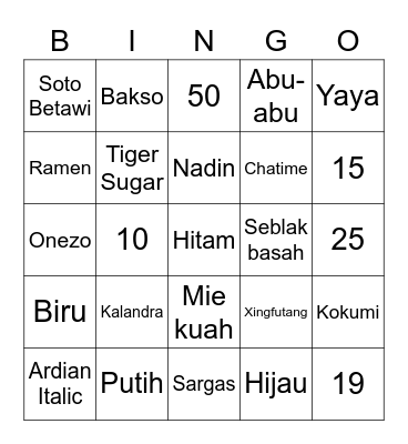 Bingo Kalandra Bingo Card