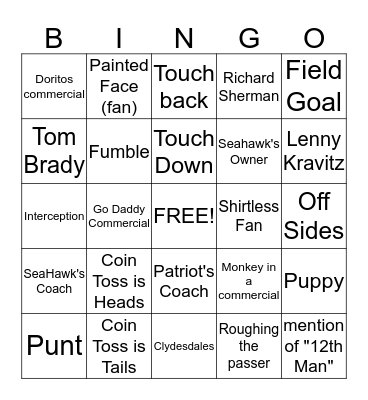 Super Bowl Bingo Card