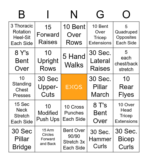 EXOS Strength Bingo Card