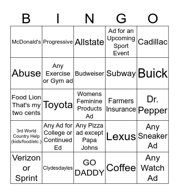 SUPERBOWL COMMERCIAL BINGO Card