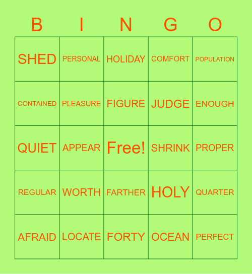 Spelling List #18 Bingo Card