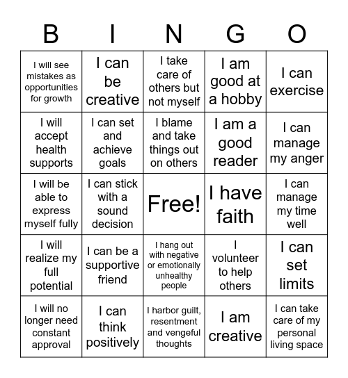 Self-Esteem Bingo Card