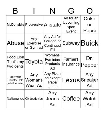 SUPERBOWL COMMERCIAL BINGO Card