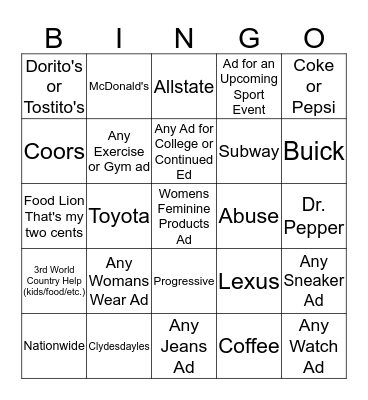 SUPERBOWL COMMERCIAL BINGO Card