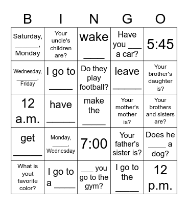 Adults A1 - Unit 2 Bingo Card