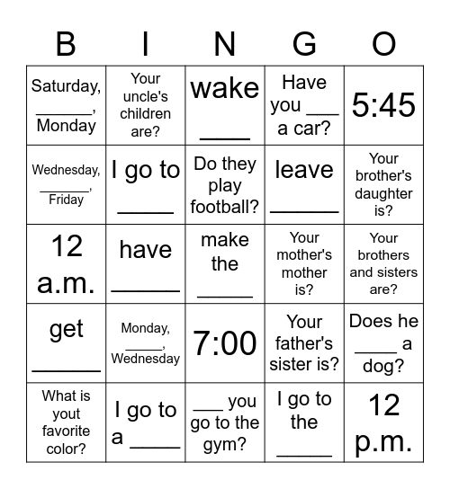 Adults A1 - Unit 2 Bingo Card