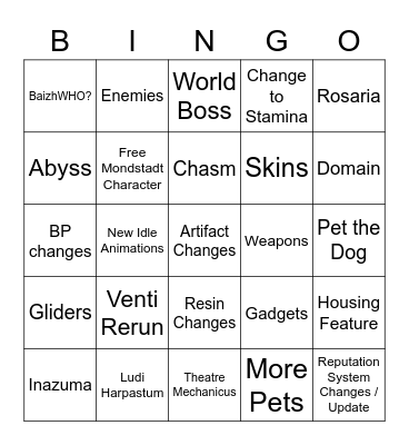 Genshin Impact 1.4 Bingo Card