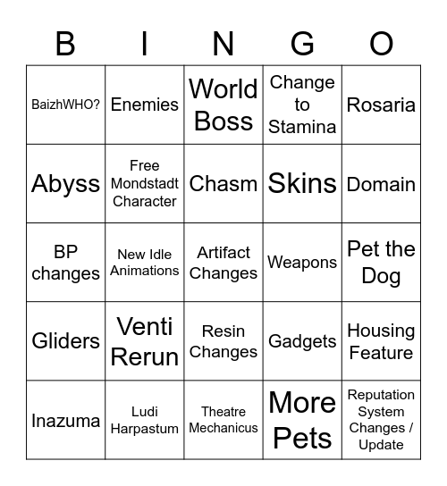 Genshin Impact 1.4 Bingo Card