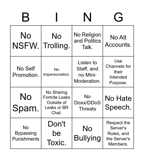 Farah Broken Rules Bingo Card