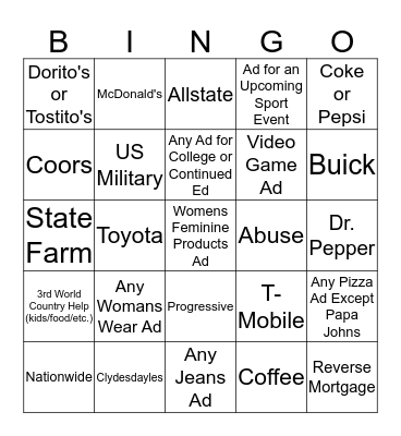 SUPERBOWL COMMERCIAL BINGO Card