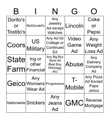 SUPERBOWL COMMERCIAL BINGO Card