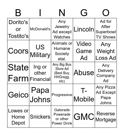 SUPERBOWL COMMERCIAL BINGO Card