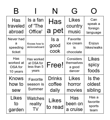 Get To Know You Bingo Card