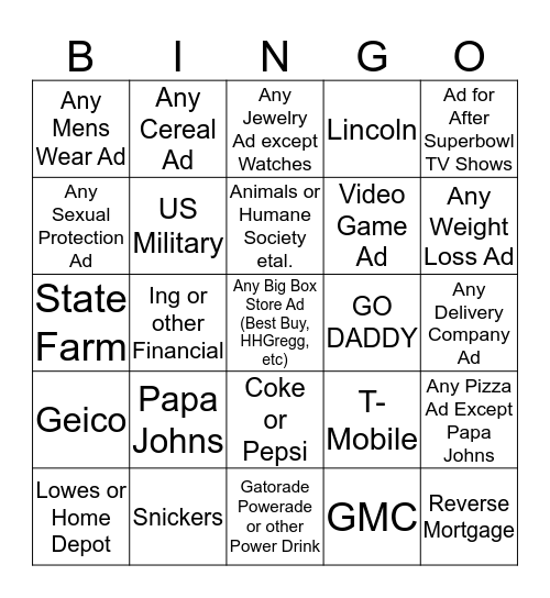SUPERBOWL COMMERCIAL BINGO Card
