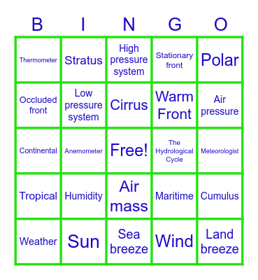 Weather and Clouds Bingo Card