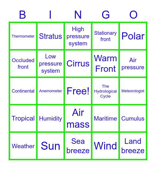 Weather and Clouds Bingo Card