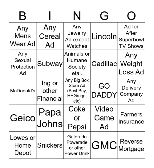 SUPERBOWL COMMERCIAL BINGO Card