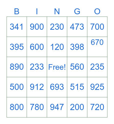 Numeros 100-1,000 Bingo Card