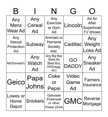 SUPERBOWL COMMERCIAL BINGO Card