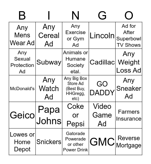 SUPERBOWL COMMERCIAL BINGO Card