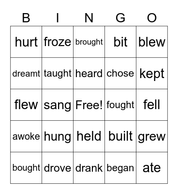Irregular past tense verbs Bingo Card